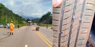 Itabirito, perto do Laticínios Ita: carga de parafusos se espalha na BR-356 e fura pneus de veículos; VÍDEO Itabirito, perto do Laticínios Ita: carga de parafusos se espalha na BR-356 e fura pneus de veículos