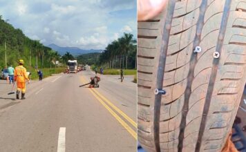 Itabirito, perto do Laticínios Ita: carga de parafusos se espalha na BR-356 e fura pneus de veículos; VÍDEO Itabirito, perto do Laticínios Ita: carga de parafusos se espalha na BR-356 e fura pneus de veículos