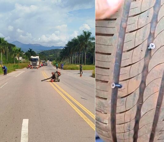 Itabirito, perto do Laticínios Ita: carga de parafusos se espalha na BR-356 e fura pneus de veículos; VÍDEO Itabirito, perto do Laticínios Ita: carga de parafusos se espalha na BR-356 e fura pneus de veículos