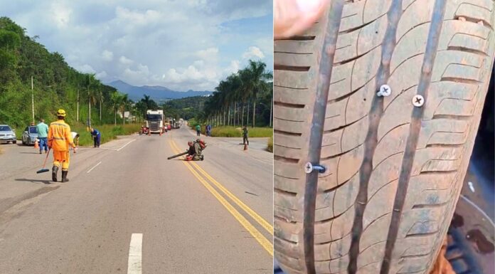 Itabirito, perto do Laticínios Ita: carga de parafusos se espalha na BR-356 e fura pneus de veículos; VÍDEO Itabirito, perto do Laticínios Ita: carga de parafusos se espalha na BR-356 e fura pneus de veículos
