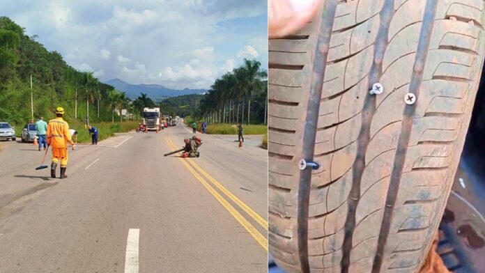 Itabirito, perto do Laticínios Ita: carga de parafusos se espalha na BR-356 e fura pneus de veículos