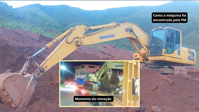 Itabirito: PM apreende escavadeira em mineração ilegal; crime praticado à luz do dia em Ribeirão do Eixo