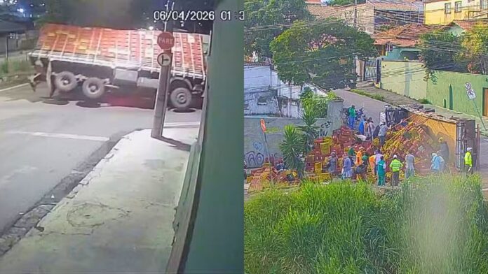 BH: caminhão carregado com laranjas tomba após GPS indicar trajeto inadequado; VEJA VÍDEO