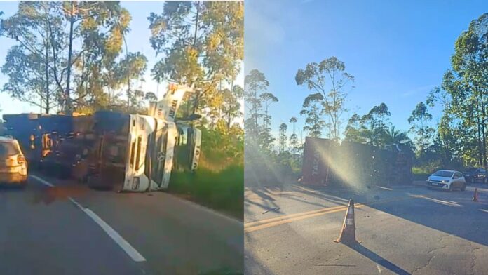 BR-356, Itabirito: carreta da empresa Tazay tomba na Serra da Santa
