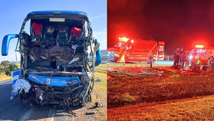 MG: batida entre ônibus de excursão religiosa e carreta deixa 2 mortos e 30 feridos na BR-050
