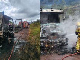 Caminhão pega fogo na BR-040, em Itabirito; VEJA FOTOS