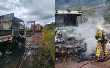 Caminhão pega fogo na BR-040, em Itabirito; VEJA FOTOS