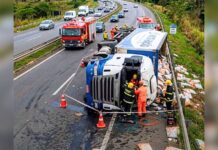 MG: motorista morre após carreta carregada com ração tombar na BR-040; carga é saqueada MG: motorista morre após carreta carregada com ração tombar na BR-040; carga é saqueada