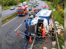 MG: motorista morre após carreta carregada com ração tombar na BR-040; carga é saqueada MG: motorista morre após carreta carregada com ração tombar na BR-040; carga é saqueada