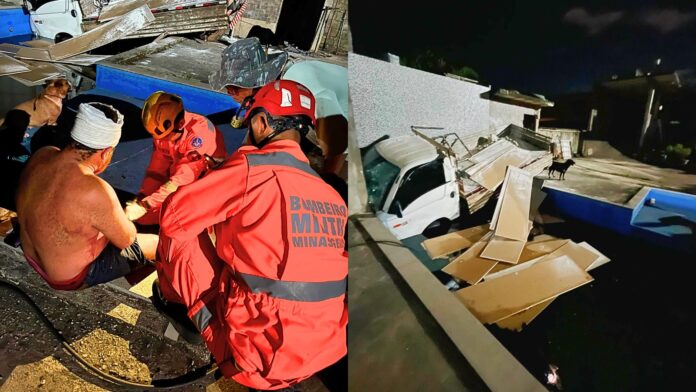 MG: motorista perde controle da direção e caminhão cai dentro de piscina de sítio