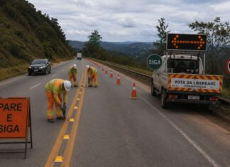 BR-356: Rota da Liberdade divulga programação de obras e manutenção nas rodovias da região Motoristas devem redobrar a atenção durante obras na Serra da Santa. Foto Ilustrativa feita pelo Radar Geral com Inteligência Artificial