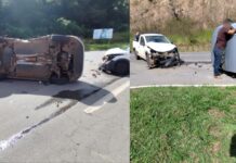 MG-262: carro capota em acidente com picape no Trevo de Furquim, em Mariana; VÍDEO MG-262: carro capota em acidente com picape no Trevo de Furquim, em Mariana