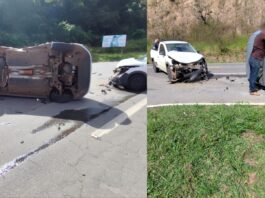 MG-262: carro capota em acidente com picape no Trevo de Furquim, em Mariana; VÍDEO MG-262: carro capota em acidente com picape no Trevo de Furquim, em Mariana