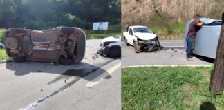 MG-262: carro capota em acidente com picape no Trevo de Furquim, em Mariana; VÍDEO MG-262: carro capota em acidente com picape no Trevo de Furquim, em Mariana