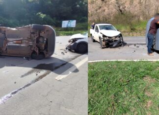 MG-262: carro capota em acidente com picape no Trevo de Furquim, em Mariana; VÍDEO MG-262: carro capota em acidente com picape no Trevo de Furquim, em Mariana