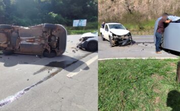 MG-262: carro capota em acidente com picape no Trevo de Furquim, em Mariana; VÍDEO MG-262: carro capota em acidente com picape no Trevo de Furquim, em Mariana