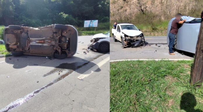 MG-262: carro capota em acidente com picape no Trevo de Furquim, em Mariana; VÍDEO MG-262: carro capota em acidente com picape no Trevo de Furquim, em Mariana