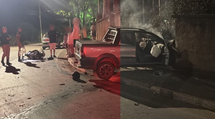 Itabirito: colisão entre moto e caminhonete deixa motociclista com fratura no fêmur; picape atinge muro Itabirito: colisão entre moto e caminhonete deixa motociclista com fratura no fêmur; picape atinge muro