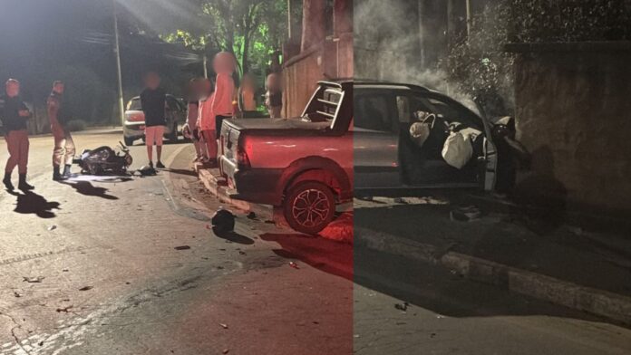 Itabirito: colisão entre moto e caminhonete deixa motociclista com fratura no fêmur; picape atinge muro
