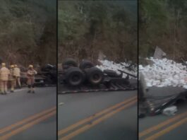 Capotamento de caminhão deixa 2 mortos em Mariana Duas vítimas fatais em capotamento de caminhão na BR-356, em Mariana. Foto - Reprodução.