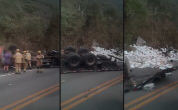 Capotamento de caminhão deixa 2 mortos em Mariana Duas vítimas fatais em capotamento de caminhão na BR-356, em Mariana. Foto - Reprodução.