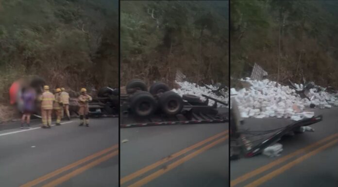 Capotamento de caminhão deixa 2 mortos em Mariana Duas vítimas fatais em capotamento de caminhão na BR-356, em Mariana. Foto - Reprodução.