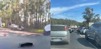 Jardim Canadá: batida entre veículos deixa carro de rodas para cima na BR-040; VEJA VÍDEO Jardim Canadá: batida entre veículos deixa carro de rodas para cima na BR-040; 1 ferido
