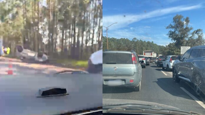Jardim Canadá: batida entre veículos deixa carro de rodas para cima na BR-040; 1 ferido Jardim Canadá: batida entre veículos deixa carro de rodas para cima na BR-040; 1 ferido