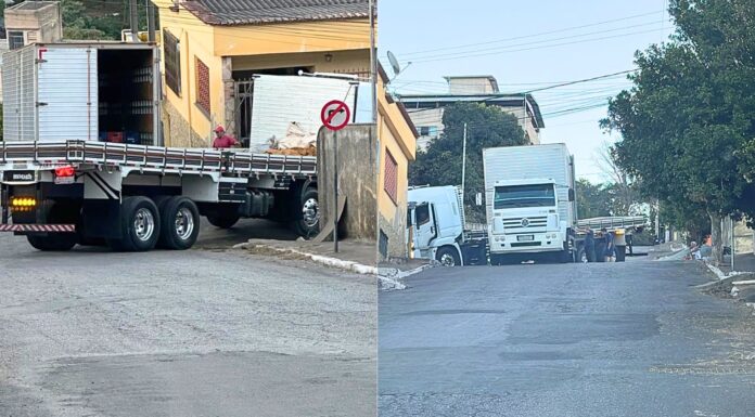 Itabirito: ao tentar realizar manobra, caminhão fica preso em esquina do Funcionários Itabirito: ao tentar realizar manobra, caminhão fica preso em esquina do Funcionários
