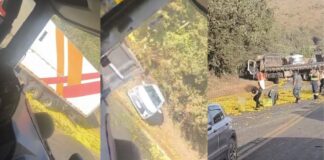 Itabirito: acidente entre 2 carretas e 1 carro na Curva da Celinha espalha carga de laranjas pela BR-040 Itabirito: acidente entre 2 carretas e 1 carro na Curva da Celinha espalha carga de laranjas pela BR-040