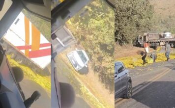 Itabirito: acidente entre 2 carretas e 1 carro na Curva da Celinha espalha carga de laranjas pela BR-040 Itabirito: acidente entre 2 carretas e 1 carro na Curva da Celinha espalha carga de laranjas pela BR-040