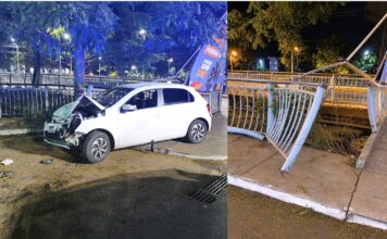 Carro acerta violentamente guarda-corpo às margens do Rio Itabirito Carro acerta violentamente guarda-corpo às margens do Rio Itabirito