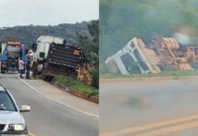 Carreta é destombada na BR-356, em Cachoeira do Campo; causa do acidente é apurada Carreta é destombada na BR-356, em Cachoeira do Campo; causa do acidente é apurada