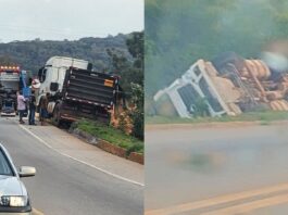 Carreta é destombada na BR-356, em Cachoeira do Campo; causa do acidente é apurada Carreta é destombada na BR-356, em Cachoeira do Campo; causa do acidente é apurada