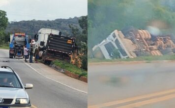Carreta é destombada na BR-356, em Cachoeira do Campo; causa do acidente é apurada Carreta é destombada na BR-356, em Cachoeira do Campo; causa do acidente é apurada