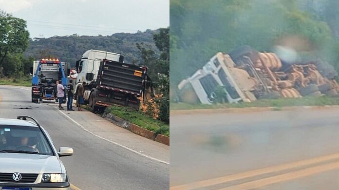 Carreta é destombada na BR-356, em Cachoeira do Campo; causa do acidente é apurada Carreta é destombada na BR-356, em Cachoeira do Campo; causa do acidente é apurada