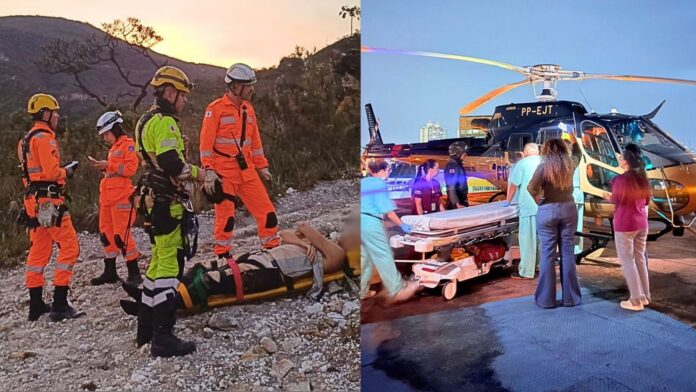 Lagoa do Miguelão: homem cai de moto em trilha de difícil acesso e helicóptero da PM o leva ao João XXIII