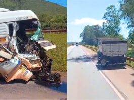 Violento choque entre carreta e caminhão interdita faixa da BR-040 perto da antiga Skol Violento choque entre carreta e caminhão interdita faixa da BR-040 perto da antiga Skol