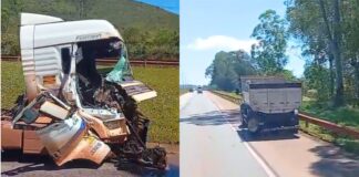 Violento choque entre carreta e caminhão interdita faixa da BR-040 perto da antiga Skol Violento choque entre carreta e caminhão interdita faixa da BR-040 perto da antiga Skol
