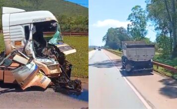 Violento choque entre carreta e caminhão interdita faixa da BR-040 perto da antiga Skol Violento choque entre carreta e caminhão interdita faixa da BR-040 perto da antiga Skol