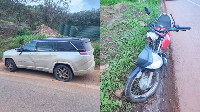 BR-356: no Acesso 2 de Itabirito, motociclista perde controle da direção, acerta carro e vai parar na UPA