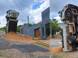 MG: ao tentar subir morro, caminhão carregado com areia tomba e fica em pé; VEJA VÍDEO MG: ao tentar subir morro, caminhão carregado com areia tomba e fica em pé; VEJA VÍDEO