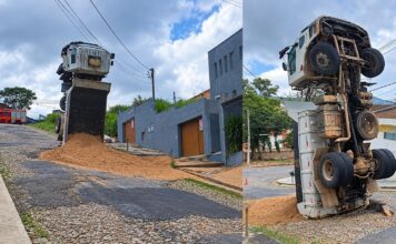 MG: ao tentar subir morro, caminhão carregado com areia tomba e fica em pé; VEJA VÍDEO MG: ao tentar subir morro, caminhão carregado com areia tomba e fica em pé; VEJA VÍDEO