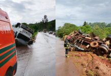 Caminhão carregado com papel higiênico tomba na BR-356, em Itabirito Caminhão carregado com papel higiênico tomba na BR-356, em Itabirito