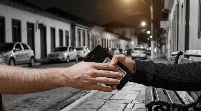 Mariana: homem é empurrado enquanto conversa ao celular na rua e tem aparelho roubado Mariana: homem é empurrado e roubado enquanto conversa ao celular na rua